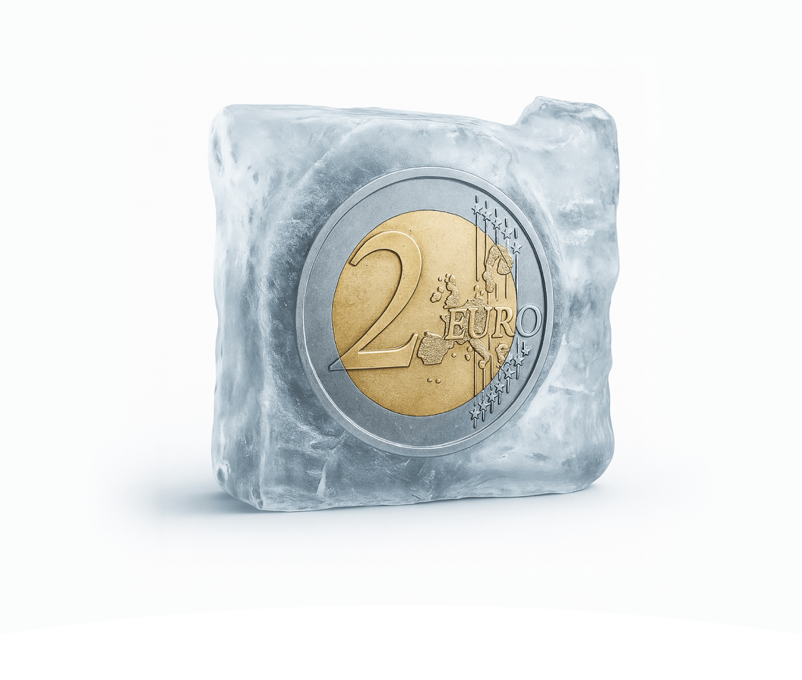 pièce de 2 euros dans un bloc de glace