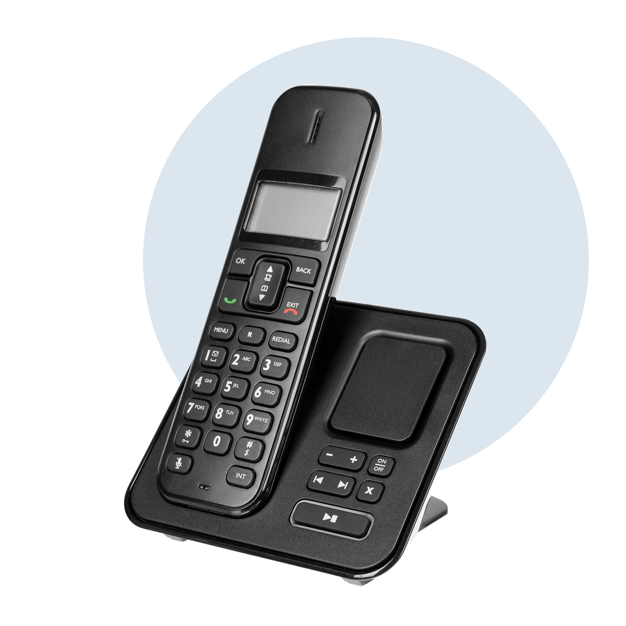 Téléphone fixe sur fond bleu