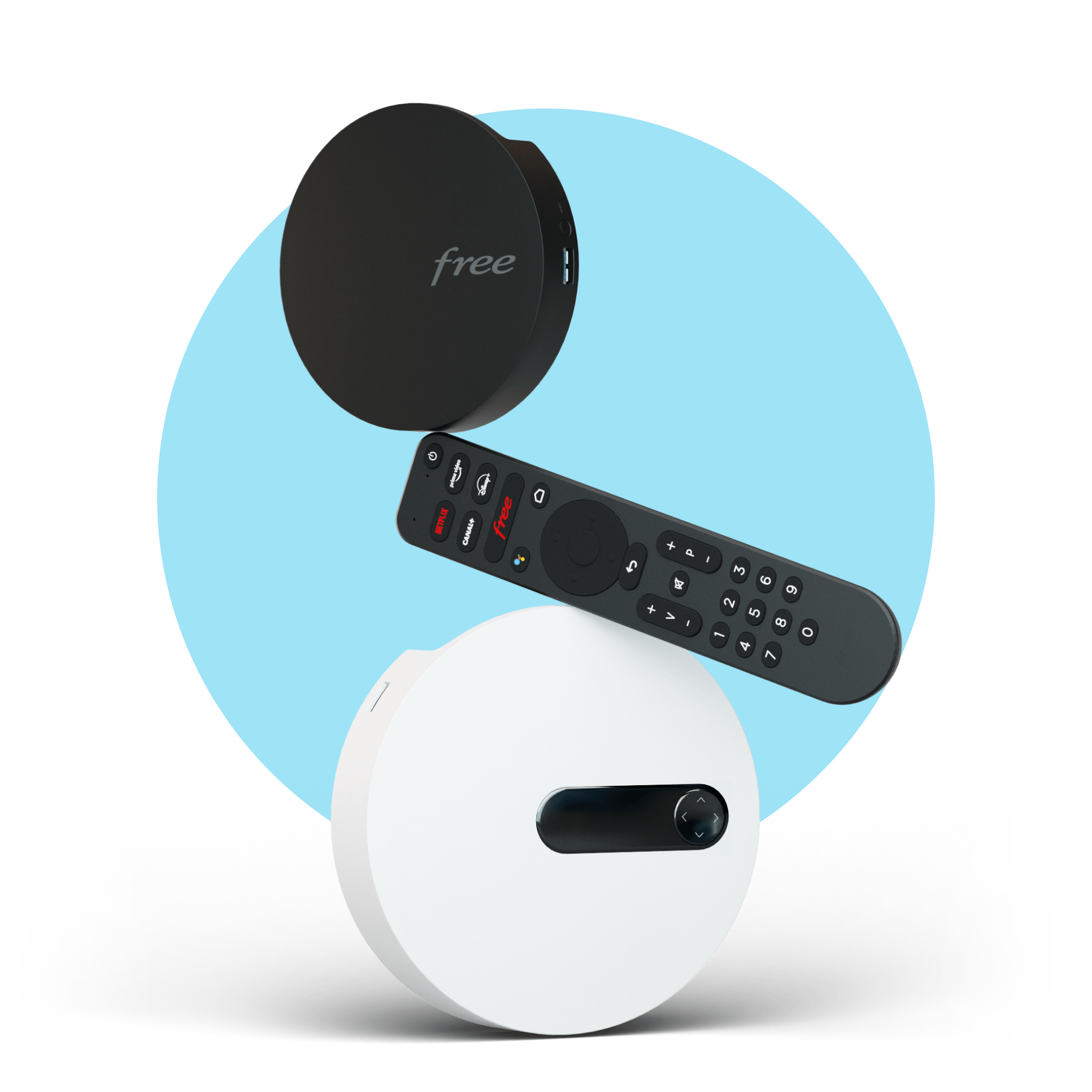 Freebox Pop avec player tv et télécommande sur fond bleu